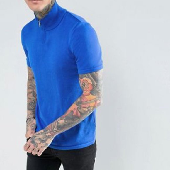 ASOS Royal Blue 1/4 Zip Knit Short Sleeve Sweater - Picture 1 of 6